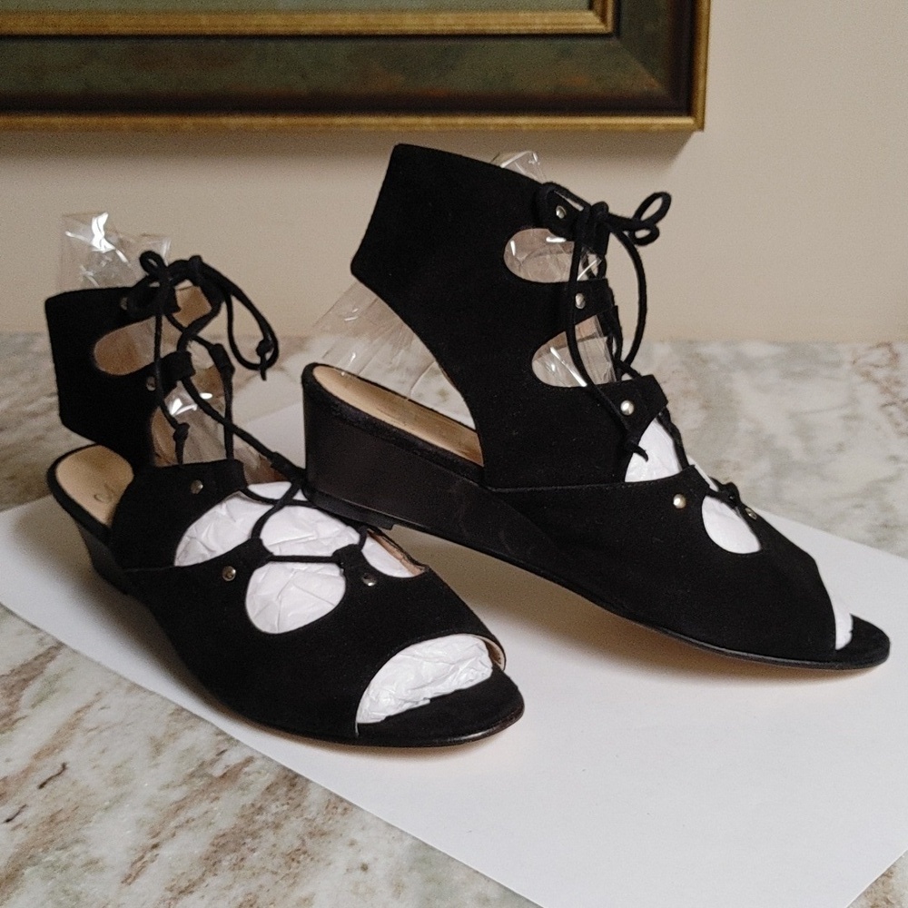 Amalfi By Rangoni Firenze Black Suede Wedge Lace Up Open Toe Ankle Sandals 8M